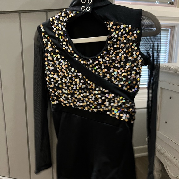 WEISSMAN Dance jazz Costume black silver gold sequin biketard 11731 Child IC - Picture 2 of 6